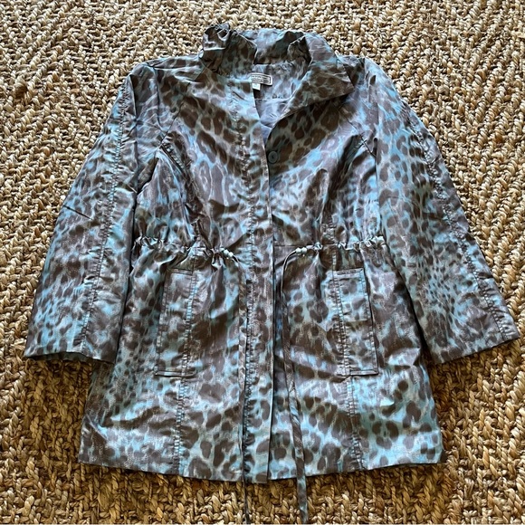 Simonton Says Women Animal Print Anorak Jacket XS Blue Grey Tie Waist Rain Slick - Picture 16 of 16